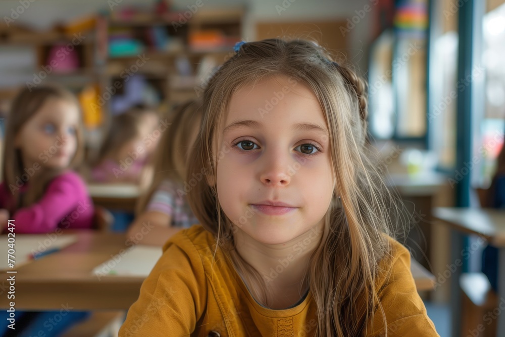 Smiling child is depicted sitting at a desk in a classroom, kindergarten or preschool setting. Other boys and girls blurred in the background. Cheerful learning environment of childhood education. Smiling child is depicted sitting at a desk in a classroom, kindergarten or preschool setting. Other boys and girls blurred in the background. Cheerful learning environment of childhood education.