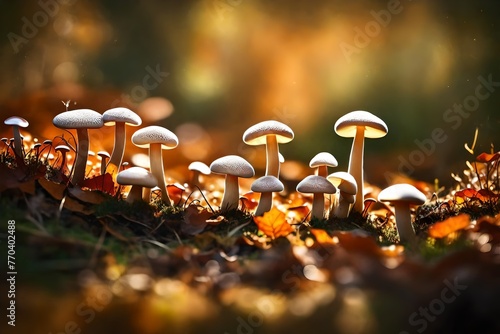 A picturesque scene of small, vibrant mushrooms flourishing amidst the lush grass of an autumn forest, captured in high-definition detail.