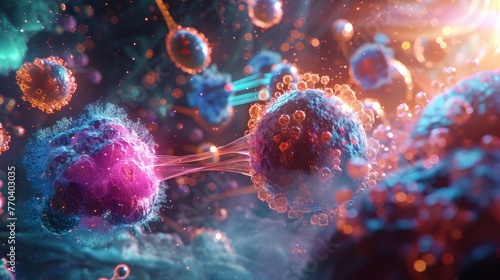 Visualizing Immunotherapy Harnessing the bodys immune system to fight cancer cells Picture immune cells attacking cancerous cells in a dynamic and colorful representation photo