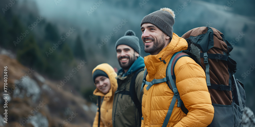 Joyful Hiking Trip: Group of Friends with Backpacks Enjoying Mountain Trek, Embracing Nature and Adventure