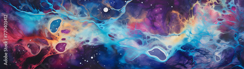 Oil spill hues coalescing into a cosmic nebula pattern on water. photo
