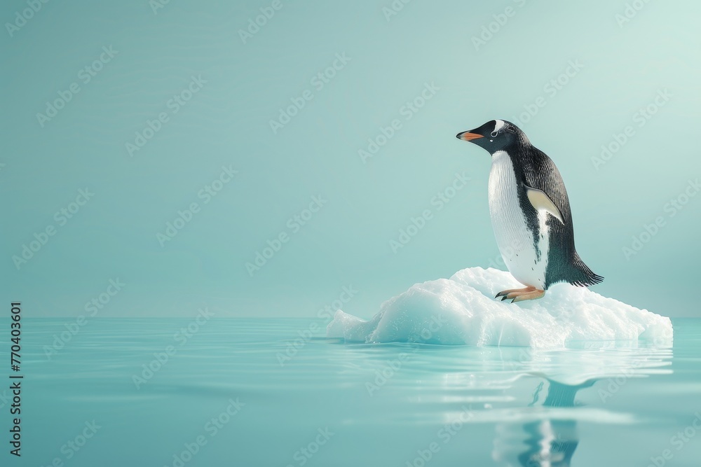 A penguin is standing on a block of ice in the ocean - obrazy, fototapety, plakaty 