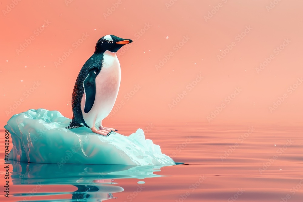 Obraz premium A penguin is standing on a block of ice in the ocean