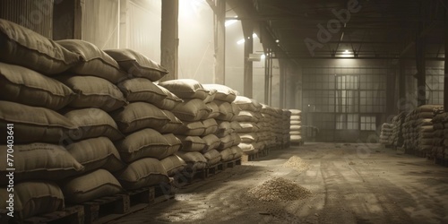 Warehouse full of stacked white burlap, full of grain on wooden palettes 