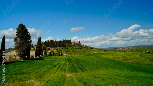 Panorama collinare della Val d'Orcia lungo il percorso ciclistico dell'Eroica. Provincia di Siena. Toscana , Italia photo