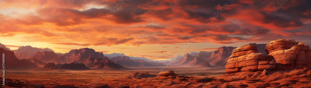 Fototapeta premium Red sandstone rock formations with layers visible at sunset.