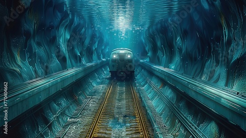 Train, underground railway, tunnel, the most perfect undersea tunnel, covered with sea above and around. Generative AI.