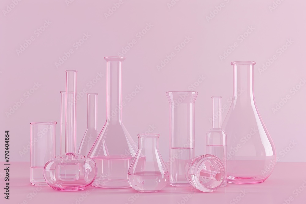 glass beakers are lined up on a table - obrazy, fototapety, plakaty 