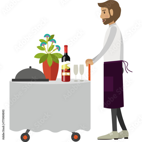 Waiter pushing trolley cart with hot restaurant dish and drink bottle for festive dinner vector icon isolated on white