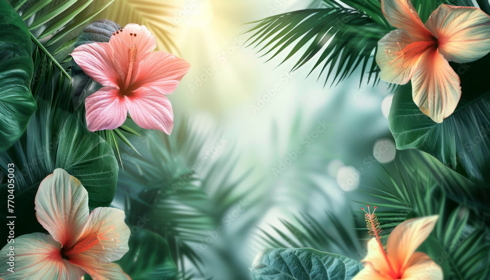 Naklejka premium Beautiful Background of exotic flowers and leaves. Decorative flower decoration from a florist.