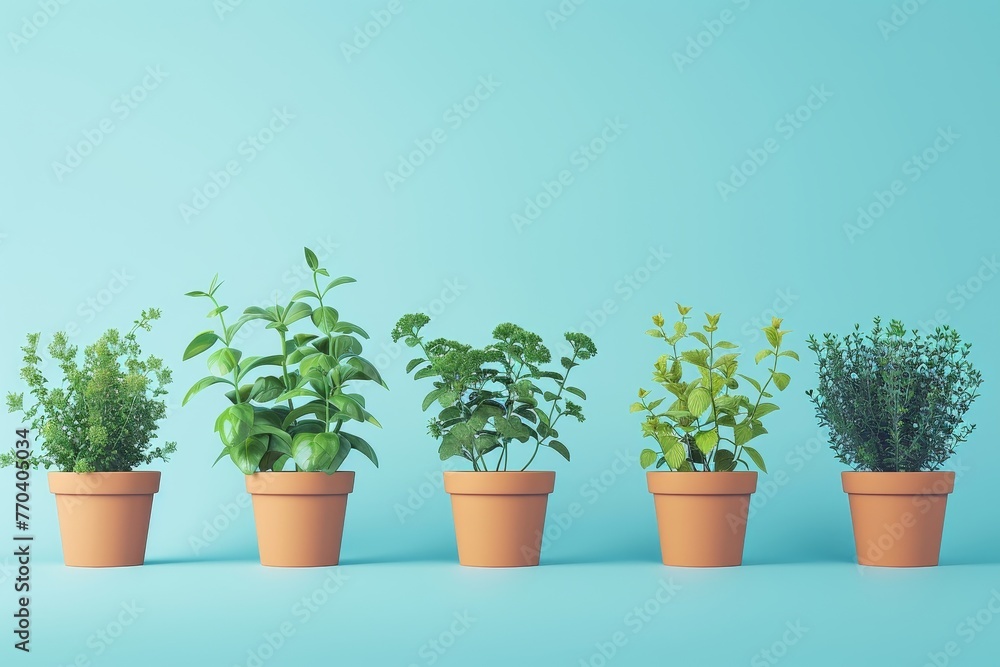 A row of potted plants are lined up on a background