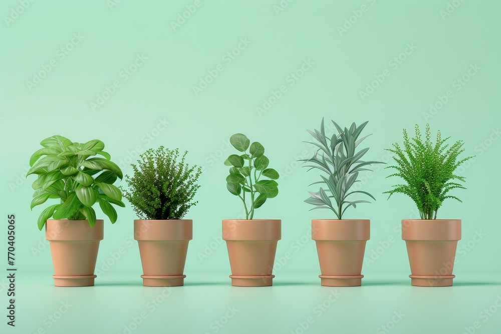 A row of potted plants are lined up on a background A row of potted plants are lined up on a background