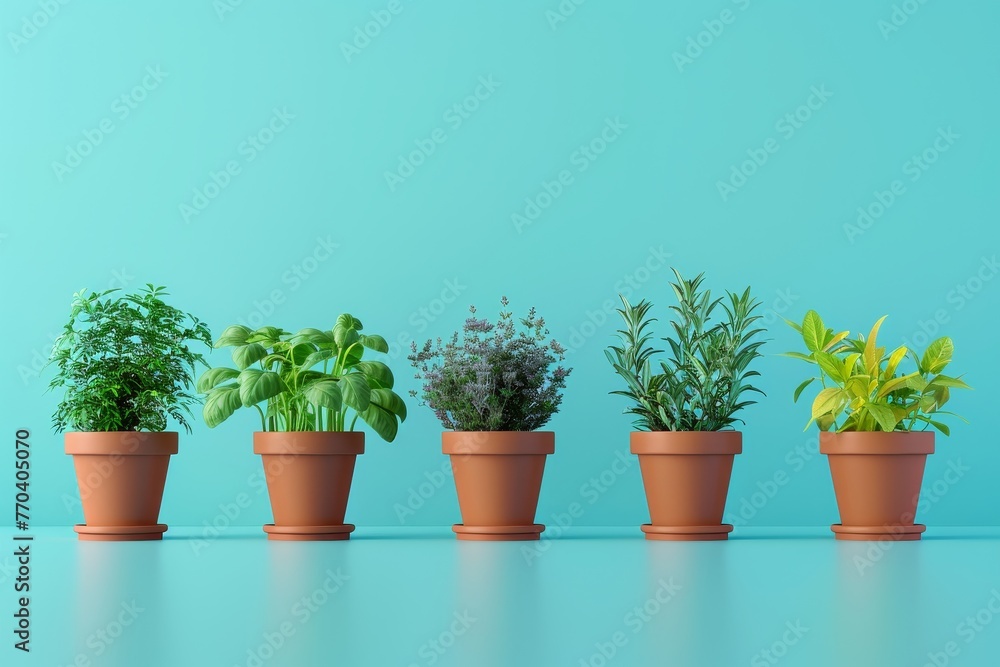 A row of potted plants are lined up on a background A row of potted plants are lined up on a background