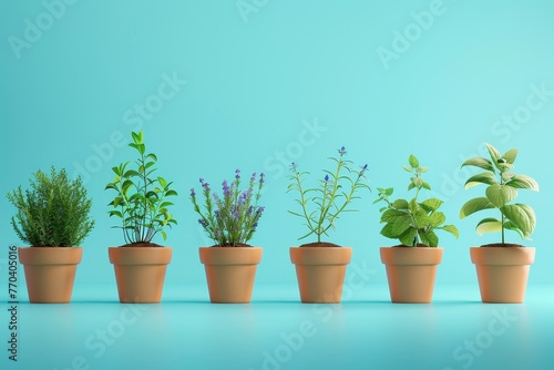A row of potted plants are lined up on a background
