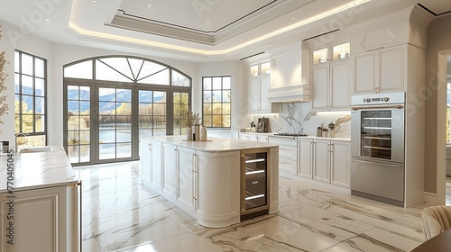 A white kitchen with marble as the main tone, featuring island countertop and cabinets, embedded with a double door white refrigerator. Generative AI.