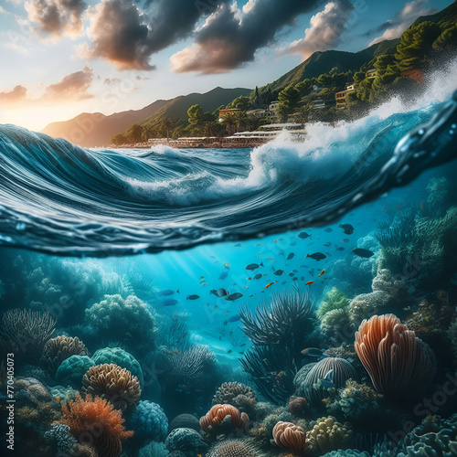 underwater scene with land and sky view