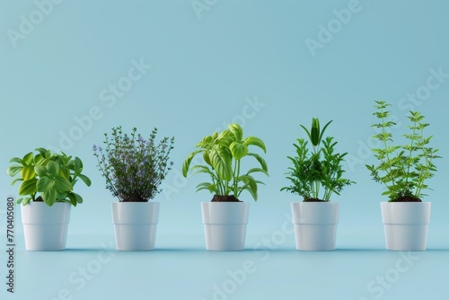 A row of potted plants are lined up on a background