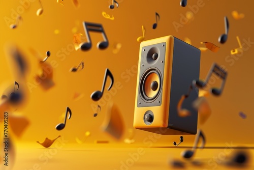 A speaker is surrounded by a cloud of colorful notes