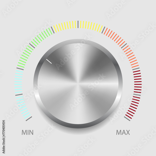 Volume button with metal texture. Min and max level. Vector illustration