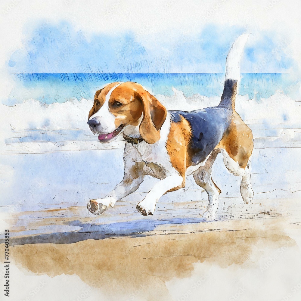 A sketch of a beagle, eagerly chasing a blue frisbee, near a beach. 