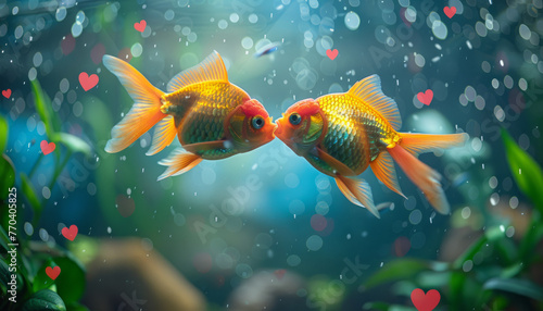 two gold fish in an aquarium with a neon love heart. Summer fairytale card.