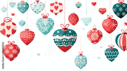 Vector christmas background - heart shaped balls. Flat