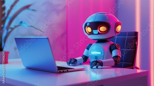 robot with laptop on neon background