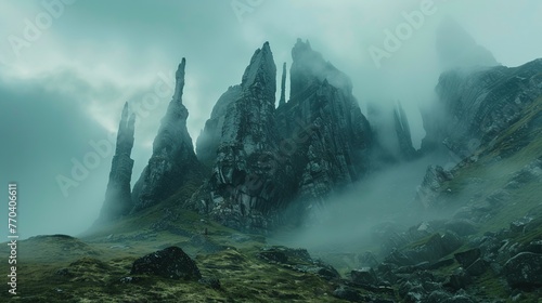 Towering peaks of a foggy mountain shrouded in mist and mystery © Boraryn