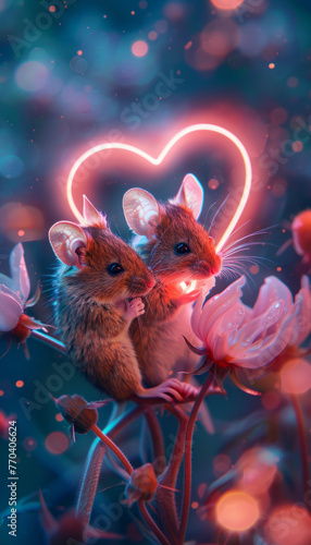 Two mice in love against the background of a neon heart. Two cute rodents in flowers.
