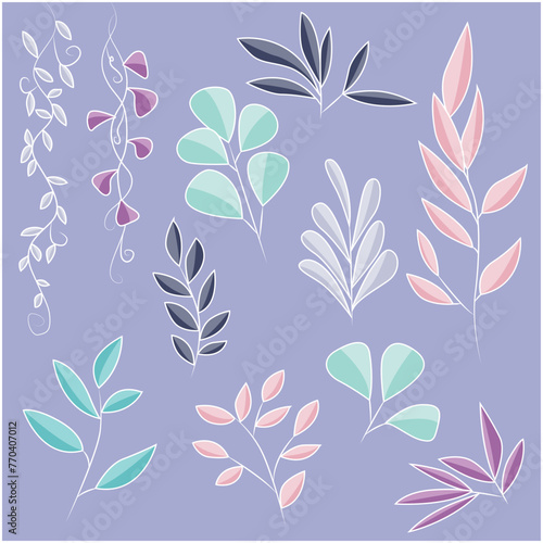 Collection of foliage in abstract style  hand drawn. Botanical elements of unusual colors. Flat vector illustration. Branches  vines and leaves.
