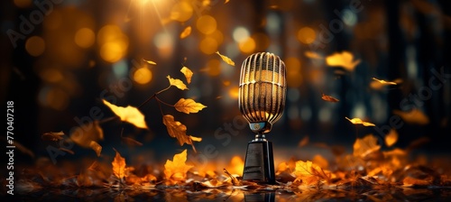 a high resolution banner featuring a close up of a microphone set against a sparkling, blurred autumn backdrop