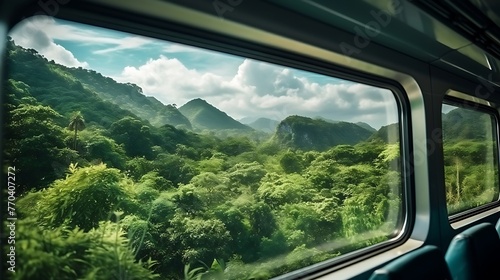 view of the natural landscape, palm trees, sea from the train window. the concept of a vacation trip in the background. Train travel, vacation