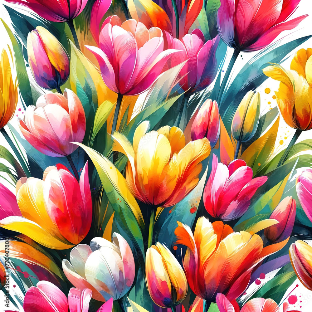 Fototapeta premium Vibrant tulips seamless pattern, watercolor brush strokes, bright spring palette 