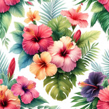 Exotic hibiscus seamless pattern, light watercolor strokes, tropical vibes 