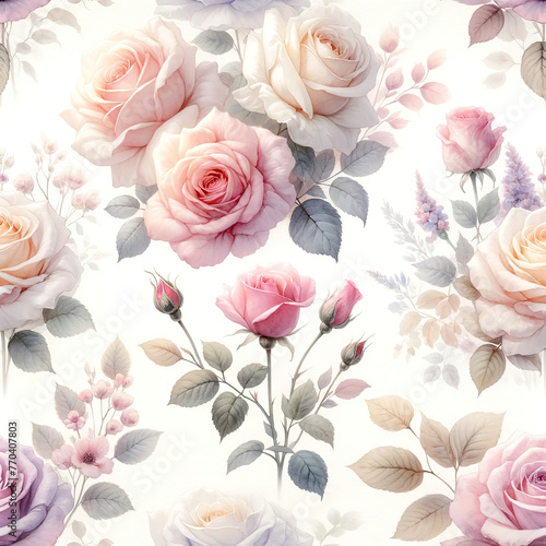 Soft roses seamless background, light watercolor, romantic and delicate  © Thanthara