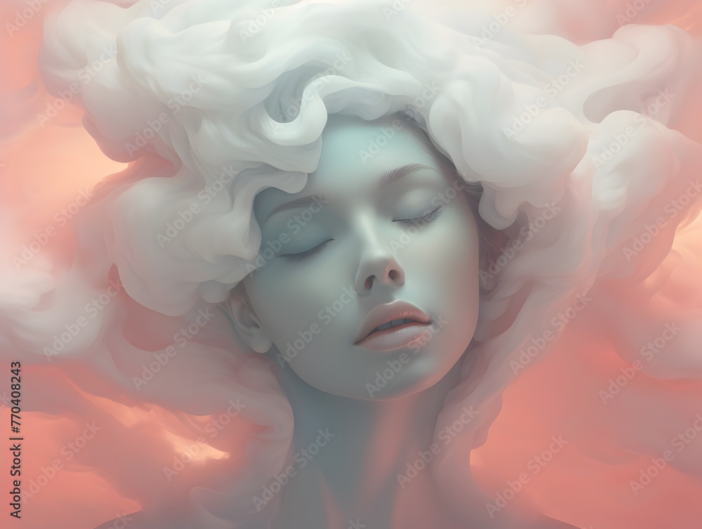 Dreamlike Portrait of a Contemplative Visage Cradled in Ethereal Clouds,Evoking Imagination and Introspection