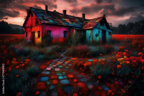 A trippy, unreal house in primary hues, an anomaly in a field of unworldly and strange beauty.