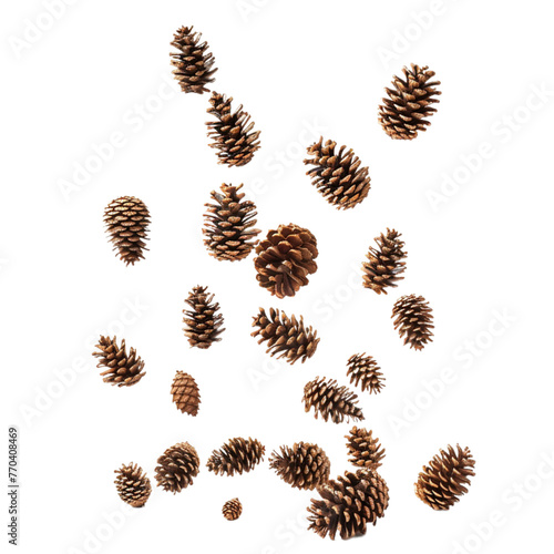 Falling pinecones isolated on transparent background with clipping path 