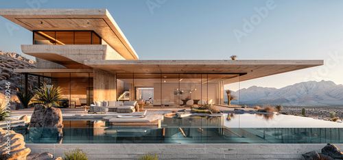 Clubhouse, desert, cantilever building, luxury, stone. Generative AI. photo
