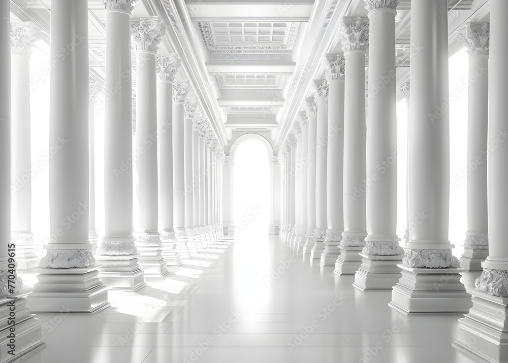 A majestic hallway with columns and a captivating light at the end
