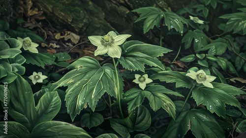 podophyllum peltatum. in nature amongst leaves and trees photo