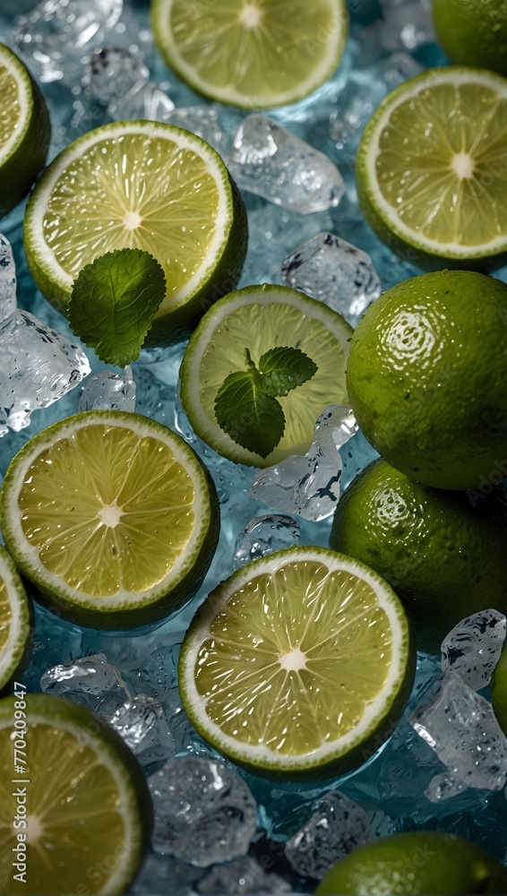 limes and mint leaves on ice limes and mint leaves on ice