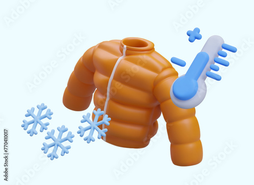 Realistic winter warm jacket, snowflakes, blue thermometer