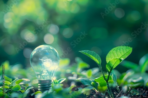 Idea of renewable energy and energy saving Energy saving light bulb and tree growing on the ground 