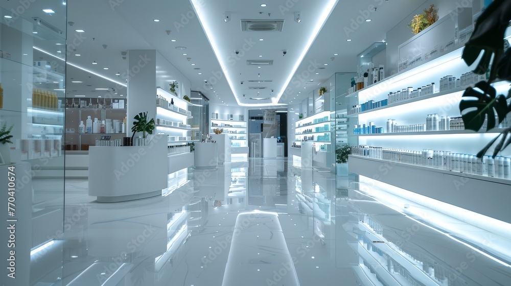 A large store with a bright blue ceiling and white walls. cosmetic concept A large store with a bright blue ceiling and white walls. cosmetic concept