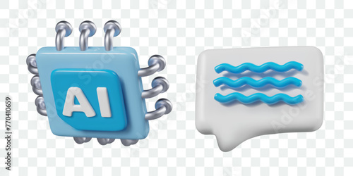 Set of 3D illustrations for AI concepts. Realistic processor, dialog bubble with comment
