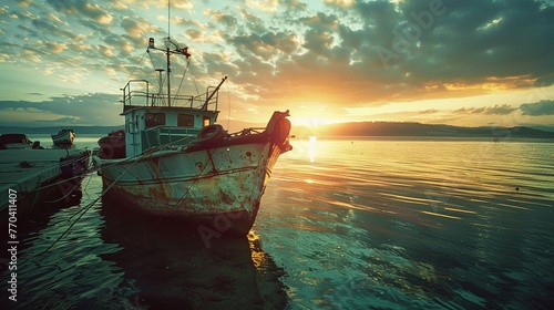 Old fishing boat, moored at a dock, with serene waters, sunrise, eye view angle, Lomography Color 100, analog camera, vibrant and saturated colors photo