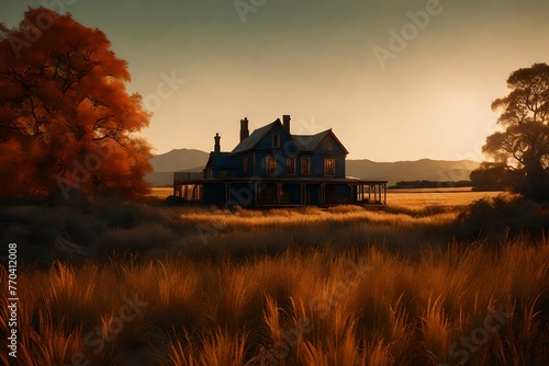 A house in unreal aesthetics, its primary colors contrasting with the bizarre landscape of the field. photo