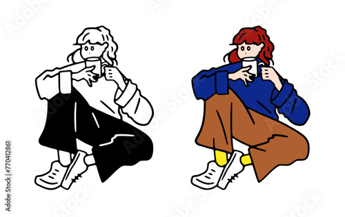 コーヒーカップを持ってリラックスしてる女性の線画イラスト