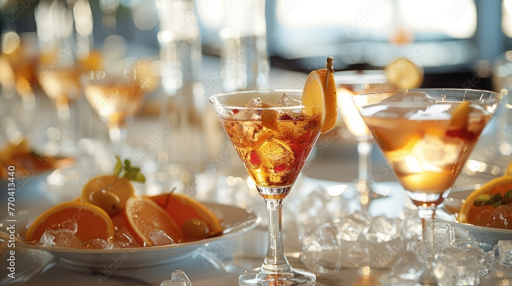 Drinks mixing and dining, close up of bright tasty cocktails and plates with fine dining. Generative AI. Drinks mixing and dining, close up of bright tasty cocktails and plates with fine dining. Generative AI.